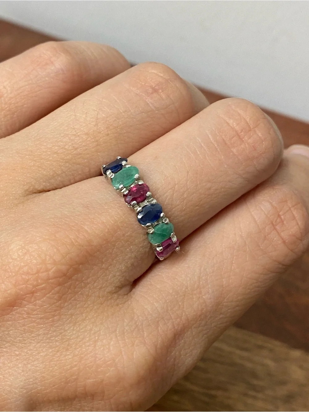 925 Sterling Silver Natural Ruby Emerald And Sapphire Ring